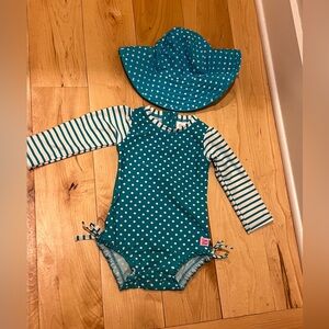 Size 18/24months-Ruffle Butts polka dot swimsuit/rash guard plus matching sunhat